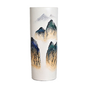 现代中国风水墨画山景，哑光陶瓷花器扁瓶新中式艺术手绘装饰品摆