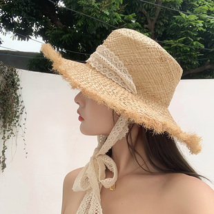 蕾丝拉菲编织平顶草，帽子夏季日系毛边，防晒海边沙滩花边太阳遮阳帽