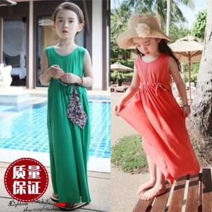 韩版女童仿古波西米亚海边沙滩，纯棉腰带背心裙儿童夏季长裙母女装