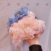粉蓝色蕾丝大花朵发箍仙，水晶宽边压发发箍甜美珍珠，流苏欧根纱发饰