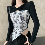 韩版拼接短款复古长袖V领T恤淑女个性气质上衣D》5彤时尚休闲洋气