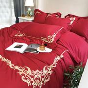 100欧式床上刺绣红色结婚庆支长绒棉纯棉床单四件套新婚喜被床品