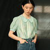 MintCheese 古典少女 天丝亚麻彼得潘领风琴褶泡泡袖透明感小衬衫