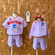 BE春夏男女童Bonjour小兔子紫色梳织V领长袖T恤韩版儿童短袖