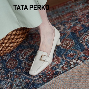 TATA PERKO联名真皮米白色高跟鞋女温柔小方头粗跟单鞋乐福鞋
