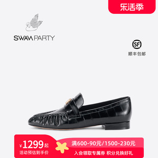 swanparty天鹅派对2024春季复古豆豆鞋，时尚休闲平底单鞋女