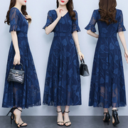 藏蓝色裙子质感高级感连衣裙2024夏装显瘦雪纺提花裙气质大摆长裙