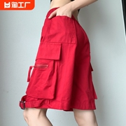 大红色工装短裤女夏季薄款设计感美式休闲中裤甜酷辣妹阔腿五分裤