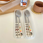 韩国ins可爱卡通，便携陶瓷柄不锈钢筷子勺子套装，餐具家用便当早餐
