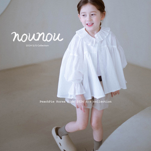 peachpie韩国童装2024夏女儿童，洋气蝙蝠袖荷叶领娃娃衣衬衫