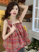复古红格子吊带背心女夏季宽松甜美减龄小众设计感绑带娃娃衫上衣
