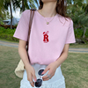 白色正肩字母短袖t恤女2024夏季圆领小衫修身粉色短款上衣服