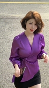 gracefw高级感轻熟风绸缎，面上衣女绑带，紫色衬衫法式收腰小众衬衣