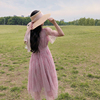 安妮森林复古紫粉色法式V领小礼服连衣裙女2023微胖mm质感公主裙