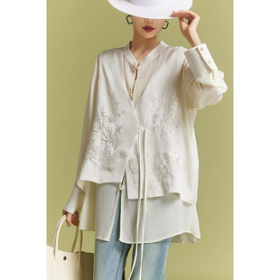 素木珠片刺绣假两件雪纺，衬衫2024夏季新中式上衣气质大码女装