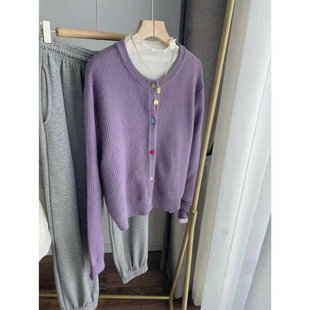 b989韩版梦幻紫罗兰针织，开衫彩色扣子毛衣外套，女2022秋冬