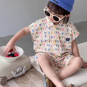 韩系儿童夏装连体套装中小童，潮牌卡通工装男童女童短袖中裤