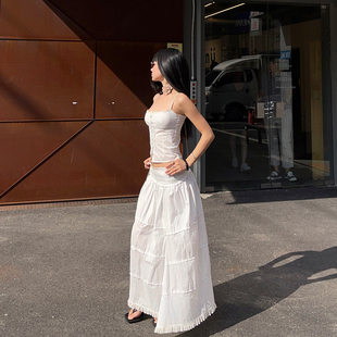 icvibe美式cleanfit·舒适背部，松紧+精致花边丝带收腰吊带+长裙