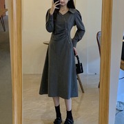 春装2023大码女装V领法式复古设计感高腰不规则衬衫连衣裙女
