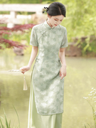 新中式绿色雪纺剪花，假两件旗袍2023年中国风少女奥黛连衣裙