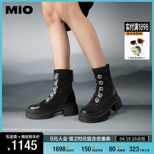 MIO米奥2023年冬季圆头高跟中筒瘦瘦靴金属扣带酷感厚底马丁靴女