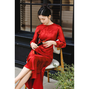 新中式改良款，龙纹提花暗红色真丝收腰显瘦连衣裙
