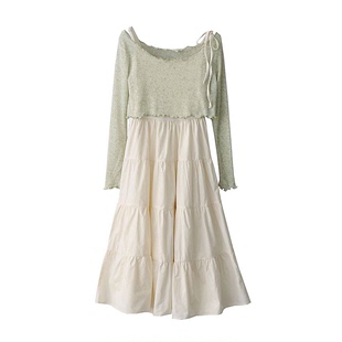 夏季法式复古气质短款罩衫，+系带吊带裙长裙，连衣裙两件套装女