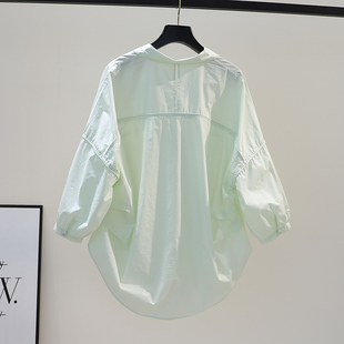 小清新淡绿色棉衬衫女设计感拼接包边宽松衬衣2024春夏文艺范上衣