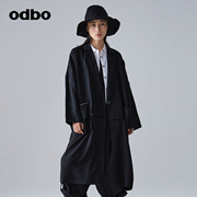 odbo/欧迪比欧原创设计西装领一粒扣拼接外套女2023中长风衣