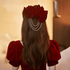 新娘头饰红色流苏蝴蝶结，发夹简约时尚气质韩式敬酒造型礼服配饰品