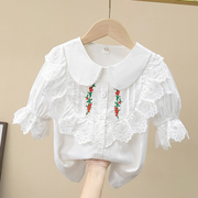 女童夏款刺绣衬衣甜美娃娃翻领上衣蕾丝韩版洋气泡泡中袖白色衬衫