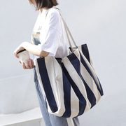 韩国购物袋手提单肩大包，复古文艺小清新条纹，帆布包女托特包潮