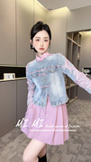 rrfashion2024春季欧洲站牛仔外套，女立领盘扣蕾丝勾花上衣