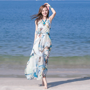 三亚度假旅行连衣裙海南泰国海边沙滩裙，雪纺碎花吊带长裙