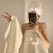 蕾丝浴巾女家用珊瑚绒，吸水速干可穿裹巾洗澡毛巾浴裙三件套干发帽