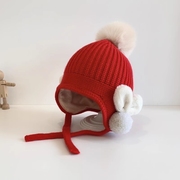 韩版秋冬儿童针织帽子女宝宝婴儿超大双狐狸毛球护耳保暖羊毛线帽