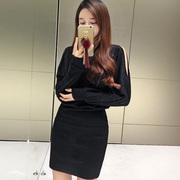 发 韩国 优雅蝙蝠袖 性感女人味黑色露肩包臀连衣裙HK088