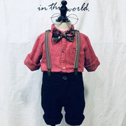 秋季洋气男宝宝红色，周岁礼服套装长袖衬衫黑色，背带长裤演出服帅