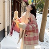 粉色格纹羊羔毛外套女2023冬季韩系设计感两面穿加厚毛绒大衣