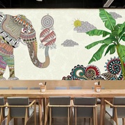 东南亚墙纸泰式风格背景墙t装饰网红民族风情大象壁画，泰国餐厅壁