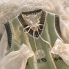 春秋季抹茶绿提花针织，v领马甲两件套女系带雪纺，衫叠穿针织背心女