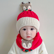 婴儿帽子秋冬季男女宝宝新年红色，毛线帽婴幼儿围巾一体儿童帽冬款