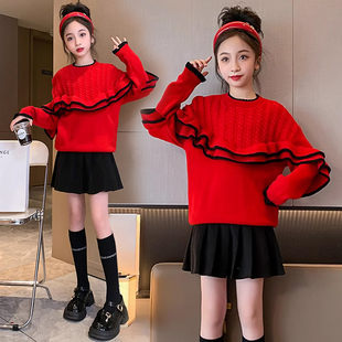 女童红色毛衣秋冬季韩版中大童蝙蝠衫针织衫，仿貂绒打底衫上衣