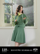绿色镂空针织衫三件套装春季女背心吊带百褶半身裙短