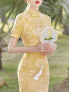 2022旗袍年改良年轻款气质夏季复古中国风女装连衣裙黄色送考