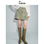 indicia标记夏季品质女装复古半身裙绿色牛仔短裙子休闲女