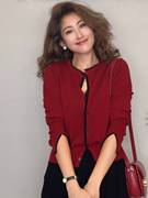 酒红色宽松长袖针织衫，女装2023秋季法式小众圆领开衫洋气上衣