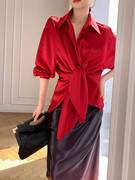 wangxo法式红色长袖防晒衬衫，女夏季2023年韩版设计感宽松上衣