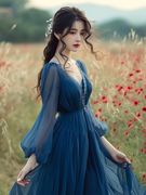 法式复古蓝色连衣裙，女春季2024收腰显瘦气质高级感时尚长裙子