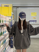 胖mm深灰连帽卫衣女，秋高街慵懒风拉链大码外套，潮ins加绒显瘦上衣
